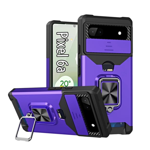 Daxi for Google Pixel 6a Phone Case with Card Holder, Ring Holder, Rugged Protective Shell -Purple