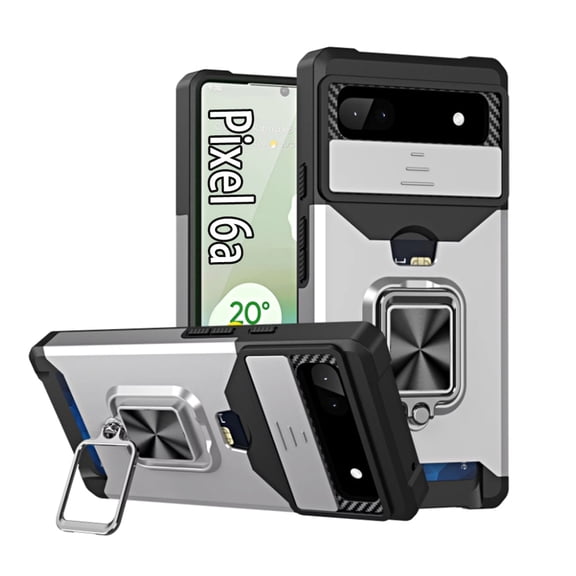 Daxi for Google Pixel 6a Phone Case with Card Holder, Ring Holder, Rugged Protective Shell -Silver