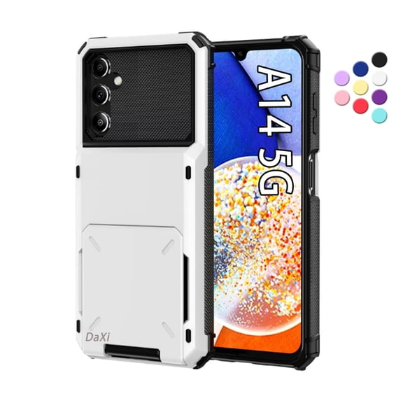 Daxi for Samsung Galaxy A14 5G Wallet Case with Hidden Credit Card Holder Metal Protective Case -White