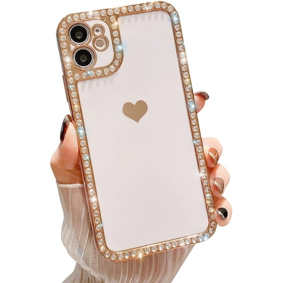 Daxi for iPhone 11 Case, Heart Pattern Electroplated Crystal Rhinestone TPU Protective Bumper Case-White