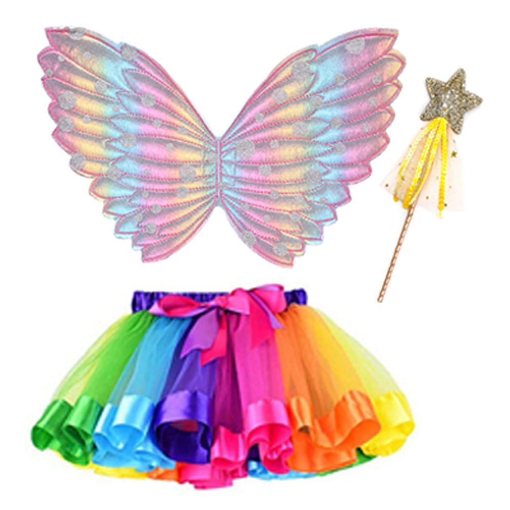 Daxin Toddler Fairy Wing Costume Set with Rainbow Puffy Skirt Fairy