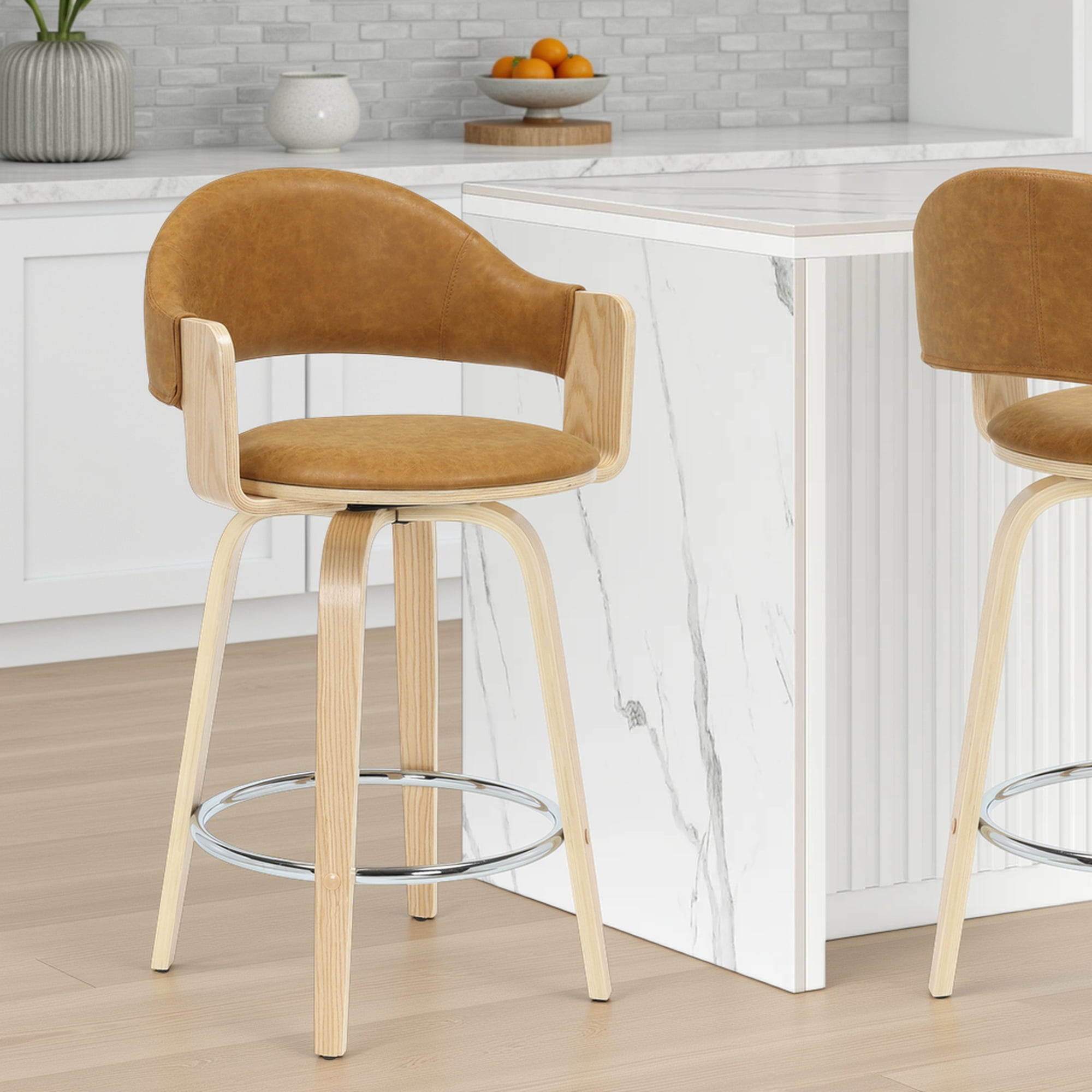 Daxton 36 in. H Swivel Counter Height Camel Round Back Wood Bar Stool with Faux Leather Seat