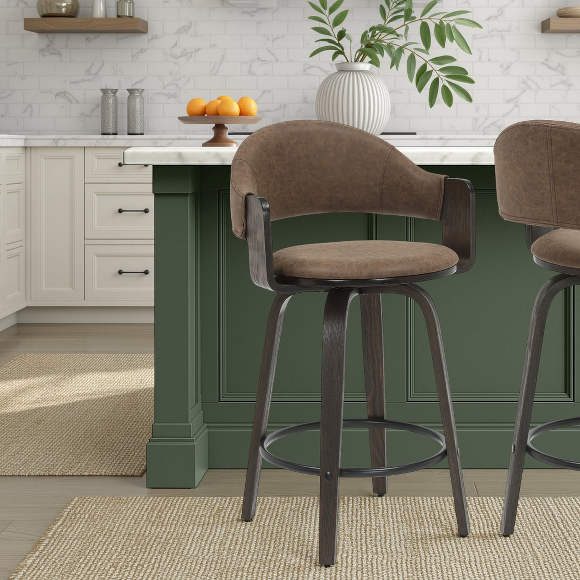 Daxton 36 in. H Swivel Counter Height Vintage Dark Brown Round Back Wood Bar Stool with Faux Leather Seat
