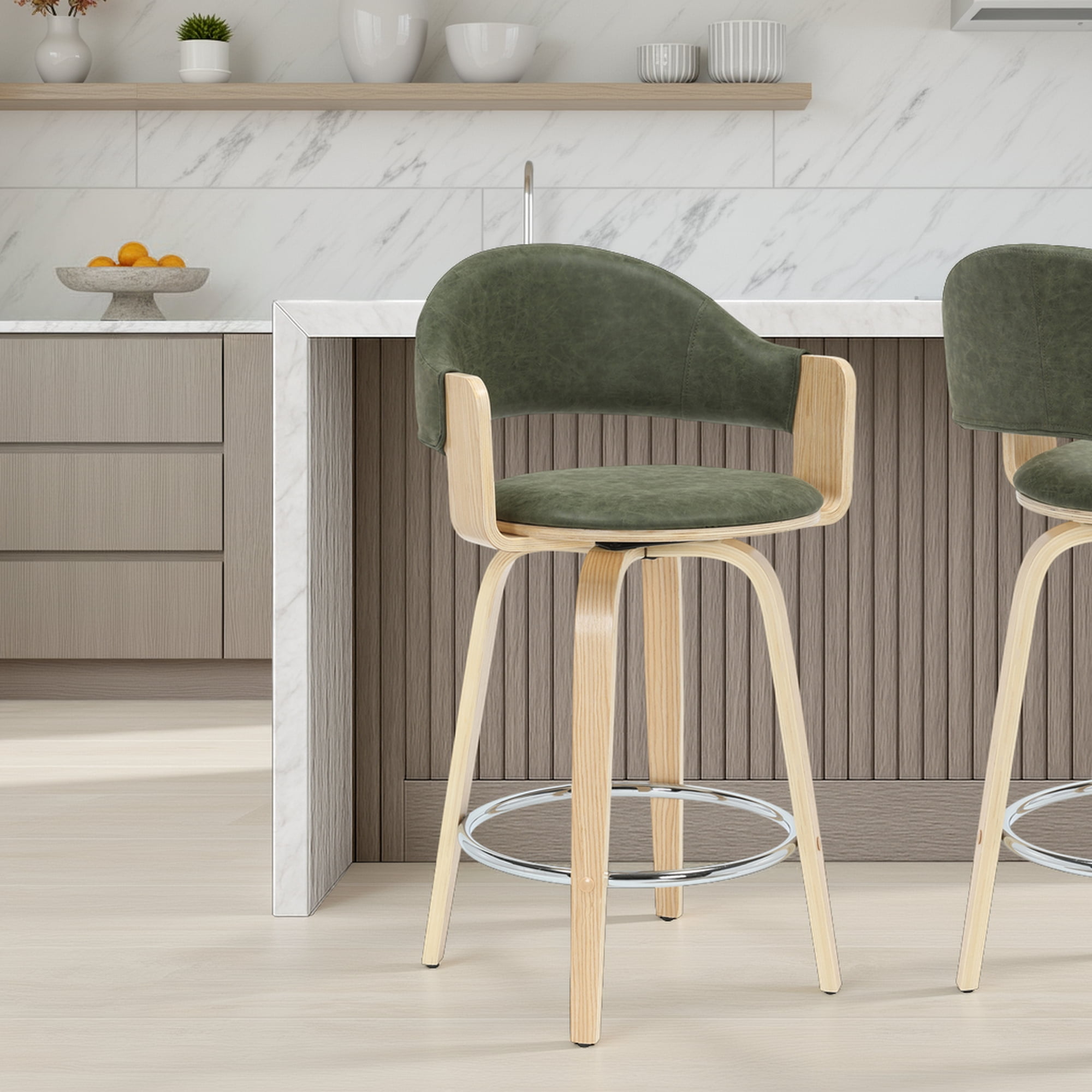Daxton 36 in. H Swivel Counter Height Vintage Green Round Back Wood Bar Stool with Faux Leather Seat Set of 4