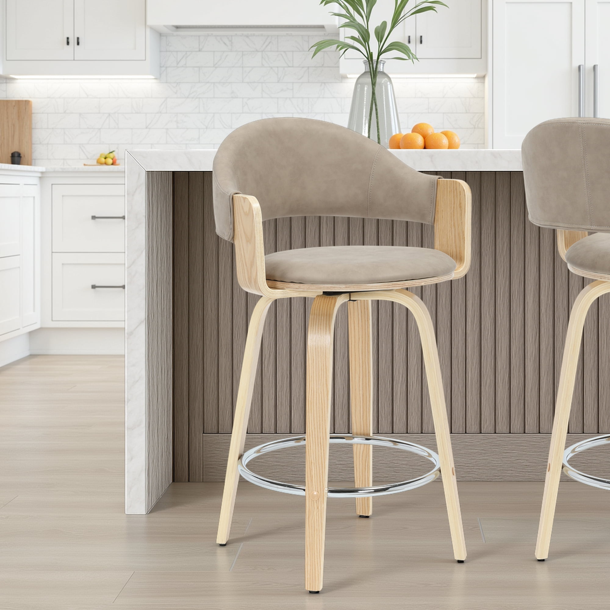 Daxton 36 in. H Swivel Counter Height Vintage Taupe Round Back Wood Bar Stool with Faux Leather Seat