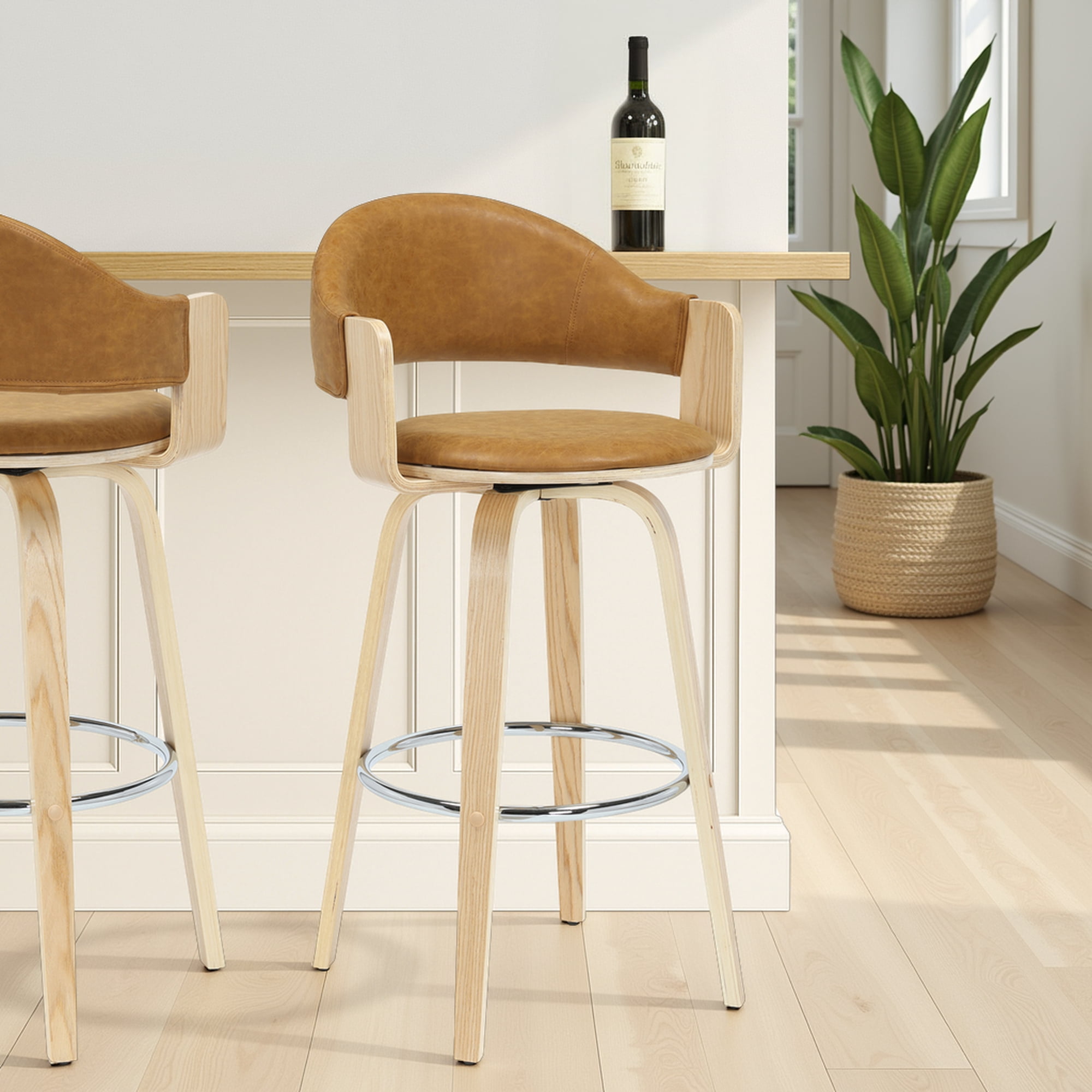 Daxton 40 in. H Swivel Bar Height Camel Round Back Wood Bar Stool with Faux Leather Seat Set of 3
