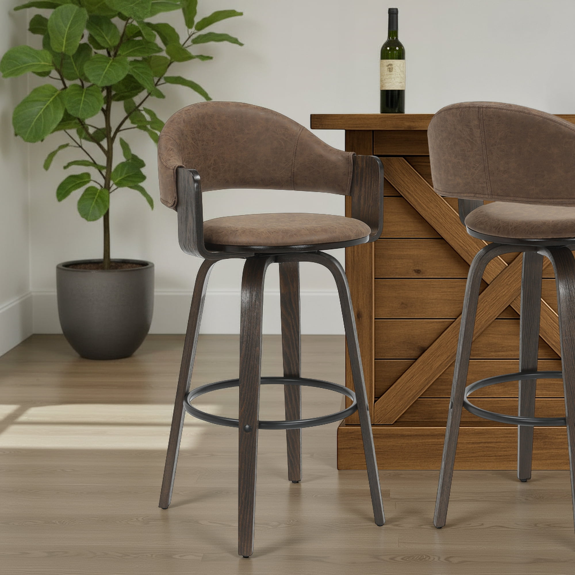 Daxton 40 in. H Swivel Bar Height Vintage Dark Brown Round Back Wood Bar Stool with Faux Leather Seat Set of 4