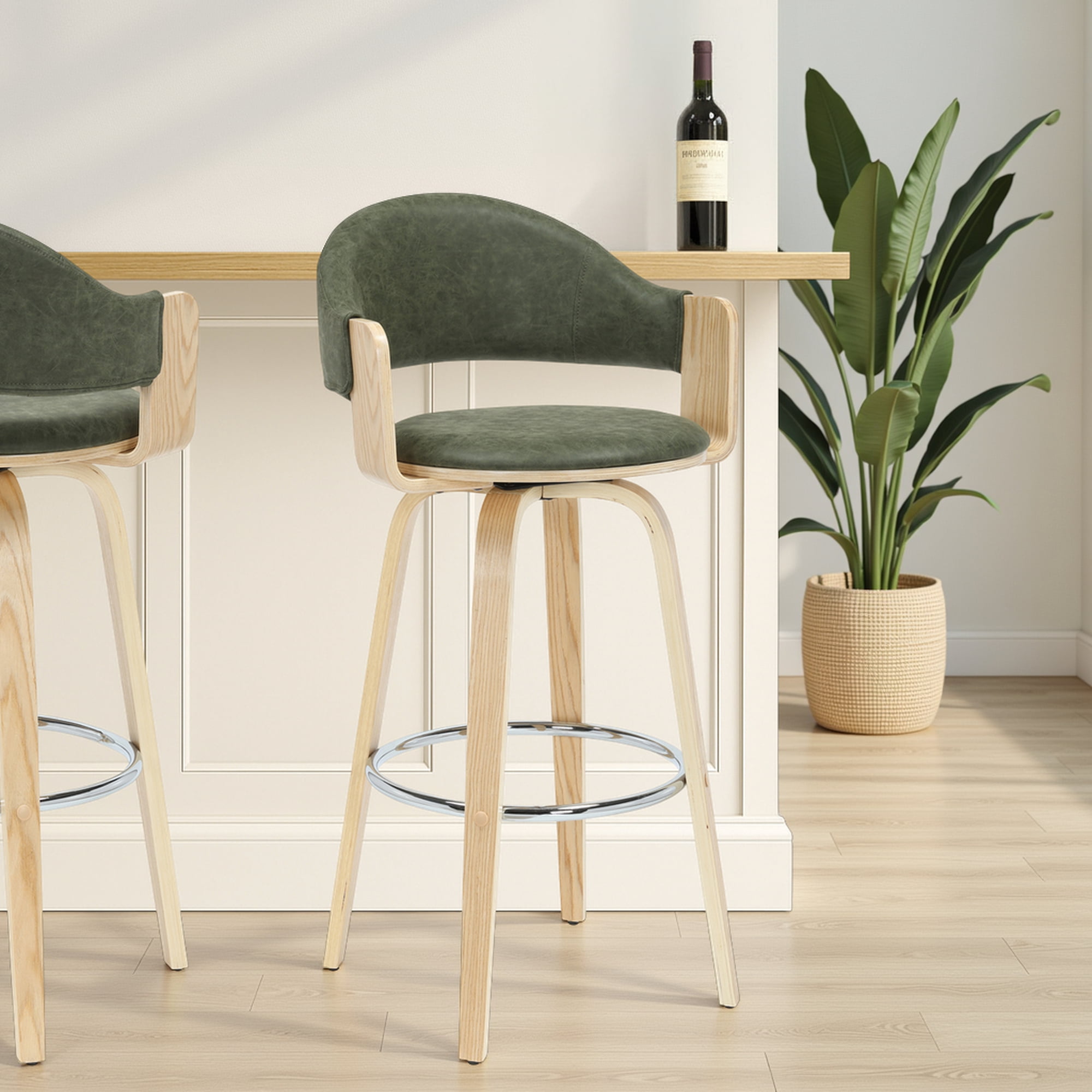 Daxton 40 in. H Swivel Bar Height Vintage Green Round Back Wood Bar Stool with Faux Leather Seat