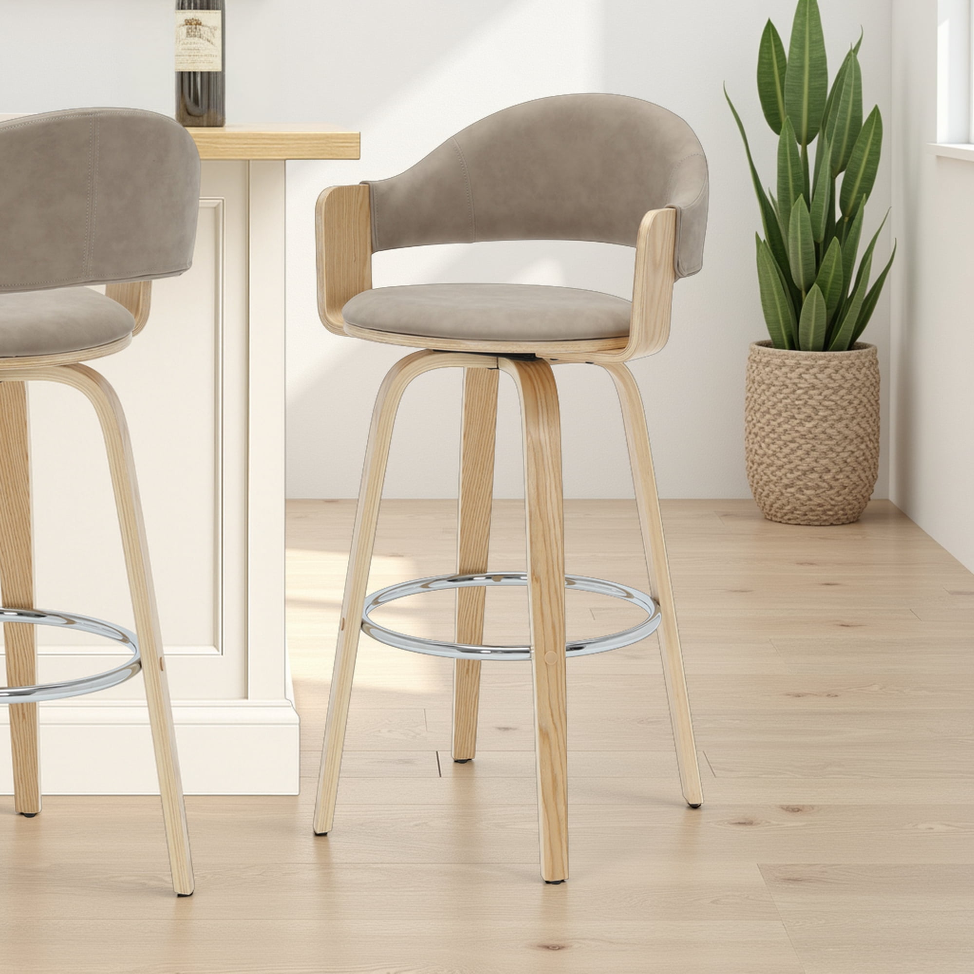 Daxton 40 in. H Swivel Bar Height Vintage Taupe Round Back Wood Bar Stool with Faux Leather Seat Set of 2