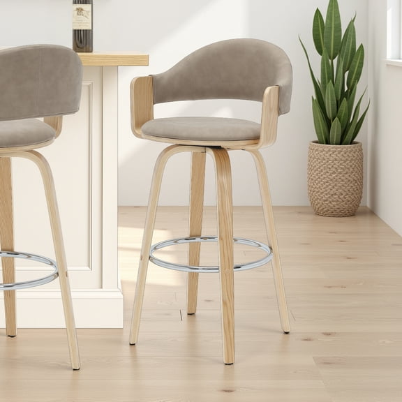 Daxton 40 in. H Swivel Bar Height Vintage Taupe Round Back Wood Bar Stool with Faux Leather Seat Set of 2
