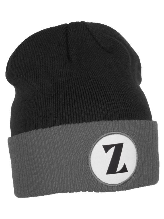A to Z Initial Letter Cuffed Hat Beanie Warm Knit Skull Cap (Black Grey, Letter Z)