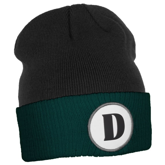 Daxton A to Z Initial Letter Cuffed Hat Beanie Warm Knit Skull Cap (Black Hunter, Letter D)