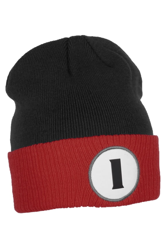A to Z Initial Letter Cuffed Hat Beanie Warm Knit Skull Cap (Black Red, Letter I)
