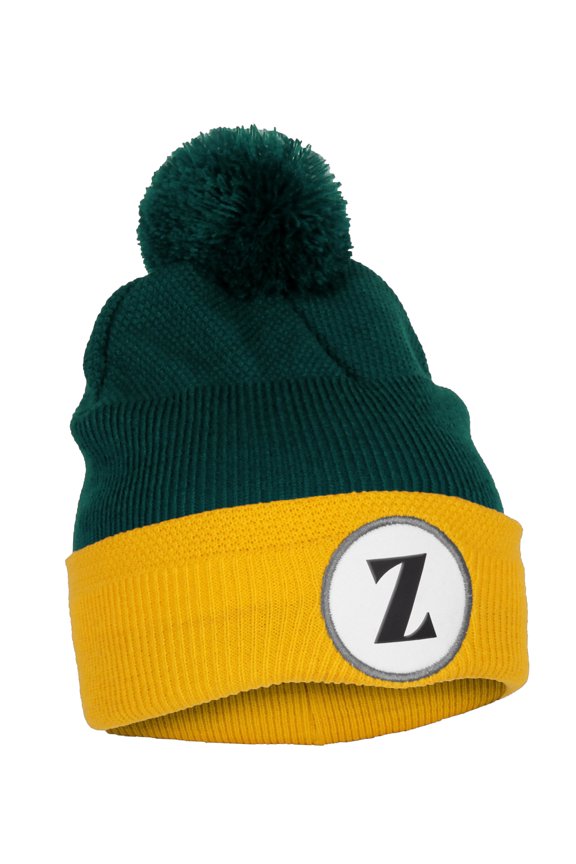 A to Z Initial Letter Cuffed PomPom Hat Beanie Warm Knit Skull Cap (Hunter Gold, Letter Z)