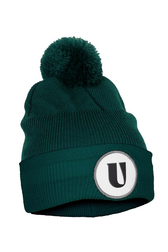 A to Z Initial Letter Cuffed PomPom Hat Beanie Warm Knit Skull Cap (Hunter, Letter U)