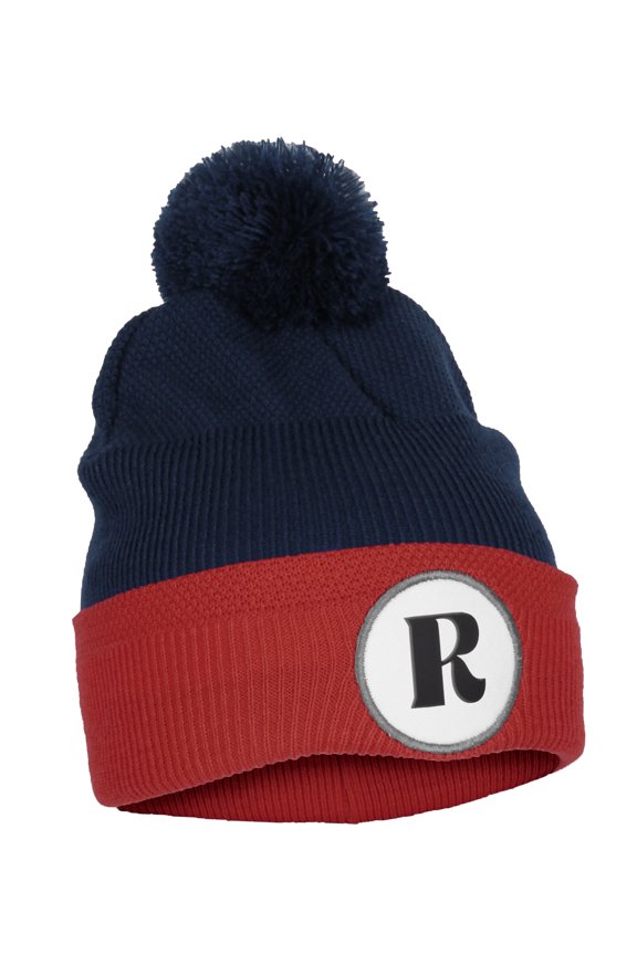 A to Z Initial Letter Cuffed PomPom Hat Beanie Warm Knit Skull Cap (Navy Red, Letter R)