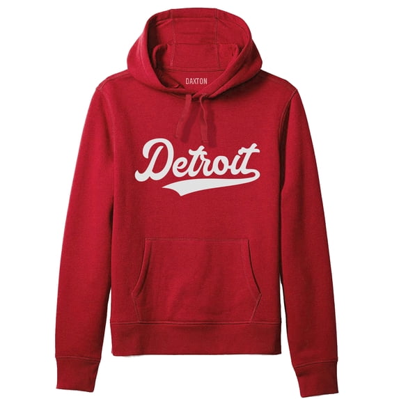 Daxton Adult Unisex Pullover USA Cities State Script Hoodie Fleece Sweatshirt, Detroit Red White, XL