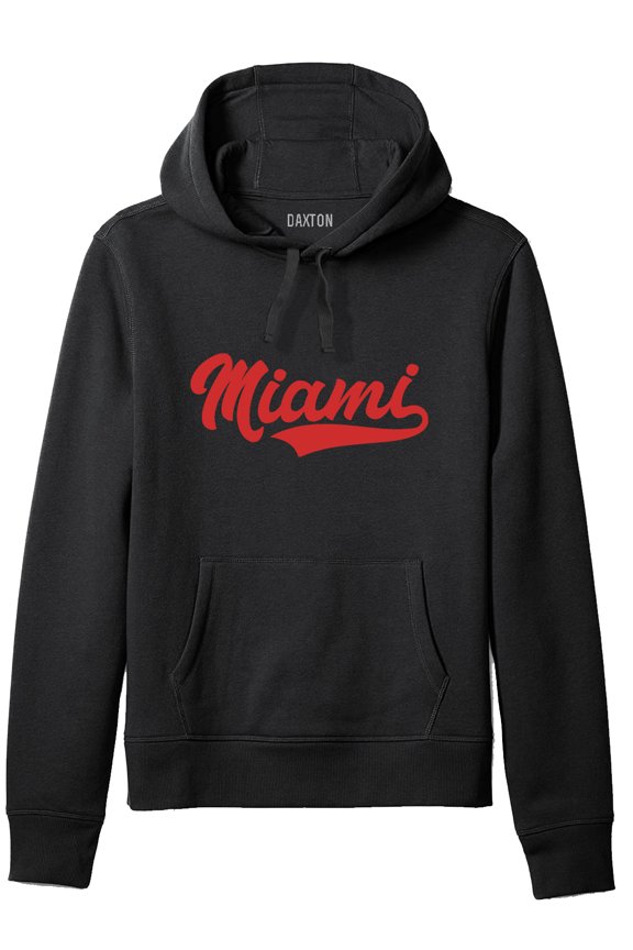 Adult Unisex Pullover USA Cities State Script Hoodie Fleece Sweatshirt, Miami Black Red, S