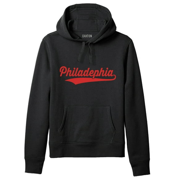 Daxton Adult Unisex Pullover USA Cities State Script Hoodie Fleece Sweatshirt, Philadelphia Black Red, XS