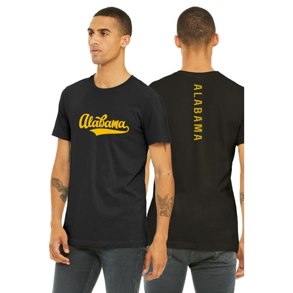 Daxton Adult Unisex Tshirt Alabama Script with a Vertical in the Middle Back, Black Gold, Medium