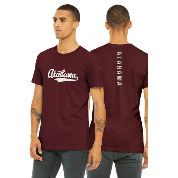 Daxton Adult Unisex Tshirt Alabama Script with a Vertical in the Middle Back, Burgundy White, 3X-Large