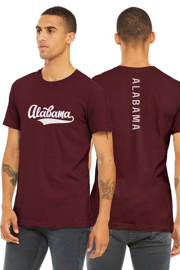 Adult Unisex Tshirt Alabama Script with a Vertical in the Middle Back, Burgundy White, Small