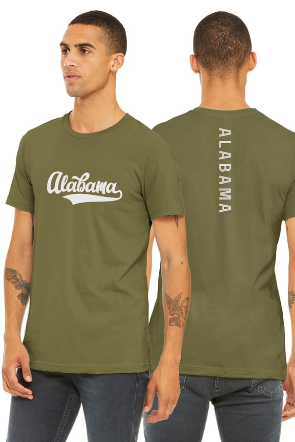Adult Unisex Tshirt Alabama Script with a Vertical in the Middle Back, Olive White, Large