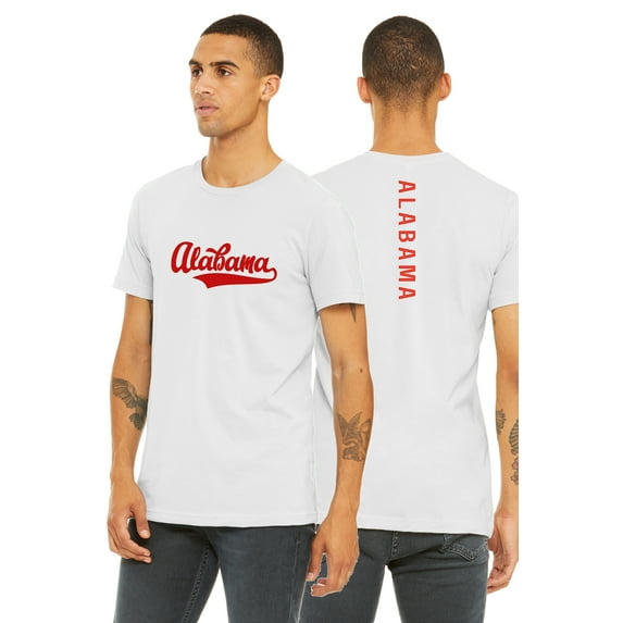 Daxton Adult Unisex Tshirt Alabama Script with a Vertical in the Middle Back, White Red, Medium