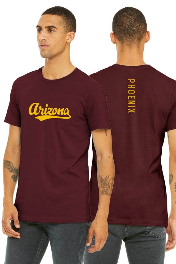 Adult Unisex Tshirt Arizona Script with Phoenix Vertical on the Back, Burgundy Gold, L