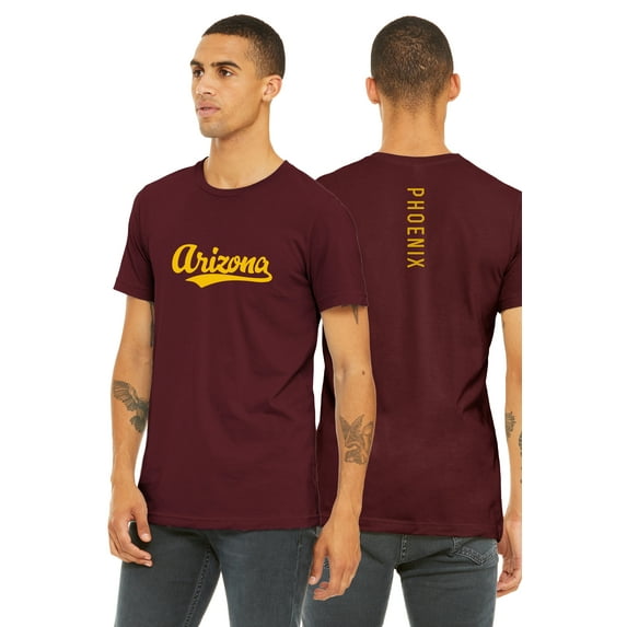 Daxton Adult Unisex Tshirt Arizona Script with Phoenix Vertical on the Back, Burgundy Gold, S