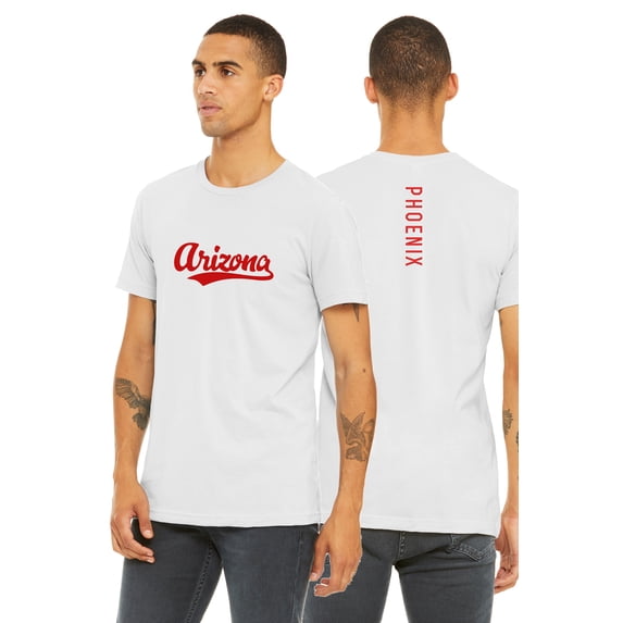 Daxton Adult Unisex Tshirt Arizona Script with Phoenix Vertical on the Back, White Red, XS