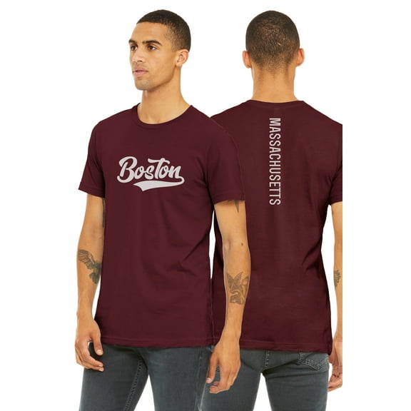 Daxton Adult Unisex Tshirt Boston Script with Massachusett Vertical on the Back, Burgundy White, S