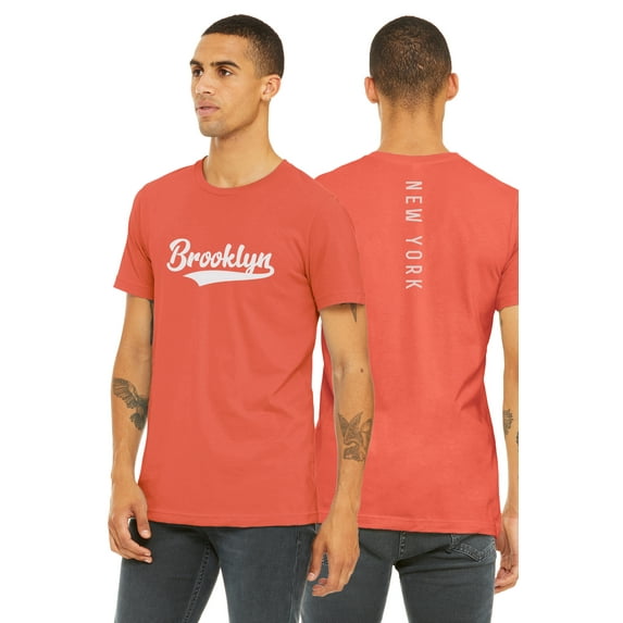 Daxton Adult Unisex Tshirt Brooklyn Script with New York Vertical on the Back, Coral White, M
