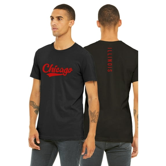Daxton Adult Unisex Tshirt Chicago Script with Illinois Vertical on the Back, Black Red, S