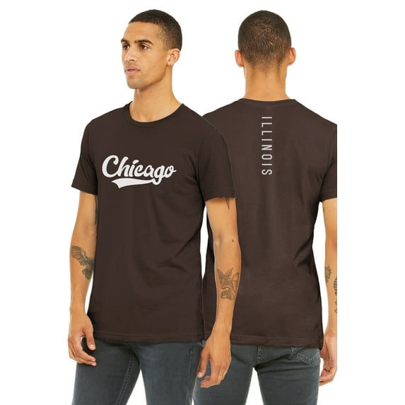 Daxton Adult Unisex Tshirt Chicago Script with Illinois Vertical on the Back, Brown White, L