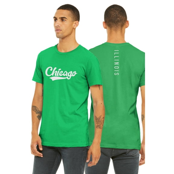 Daxton Adult Unisex Tshirt Chicago Script with Illinois Vertical on the Back, Kelly White, S