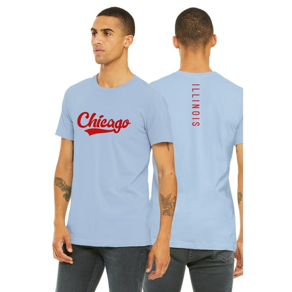 Daxton Adult Unisex Tshirt Chicago Script with Illinois Vertical on the Back, LighBlue Red, L