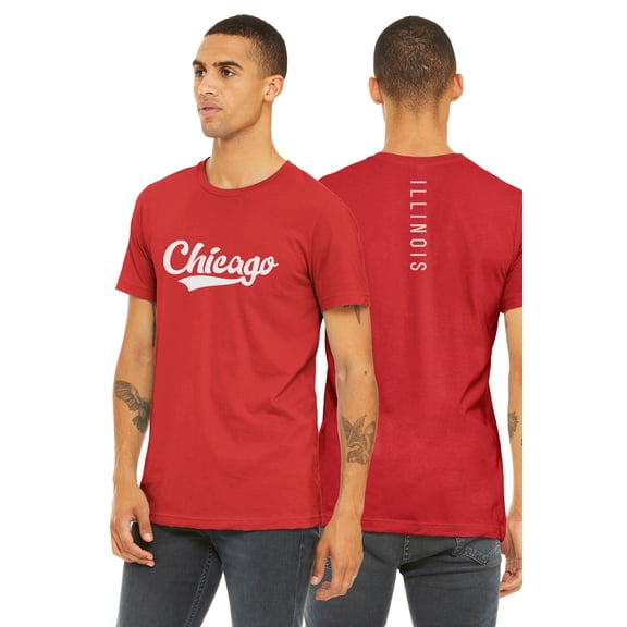 Daxton Adult Unisex Tshirt Chicago Script with Illinois Vertical on the Back, Red White, L