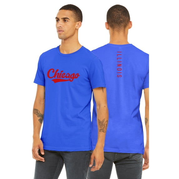 Daxton Adult Unisex Tshirt Chicago Script with Illinois Vertical on the Back, Royal Red, 2XL