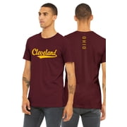 Daxton Adult Unisex Tshirt Cleveland Script with Ohio Vertical on the Back, Burgundy Gold, 2XL