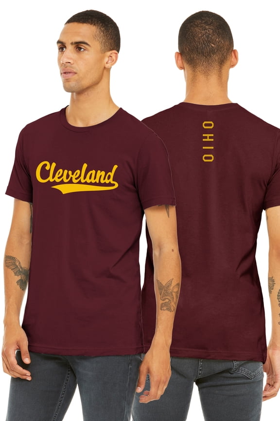 Adult Unisex Tshirt Cleveland Script with Ohio Vertical on the Back, Burgundy Gold, 3XL