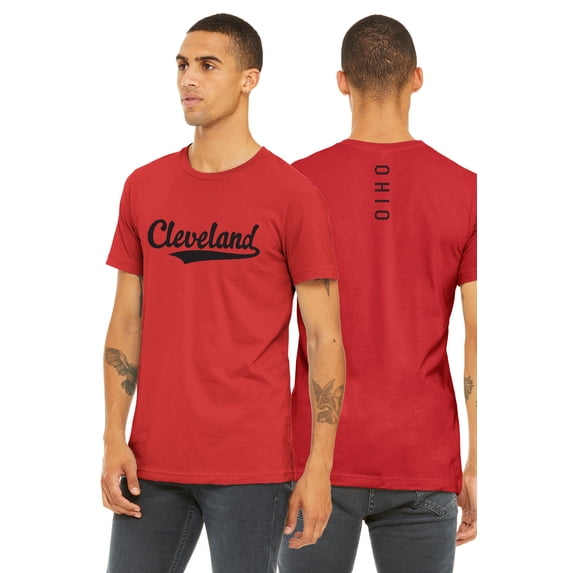 Daxton Adult Unisex Tshirt Cleveland Script with Ohio Vertical on the Back, Red Black, M