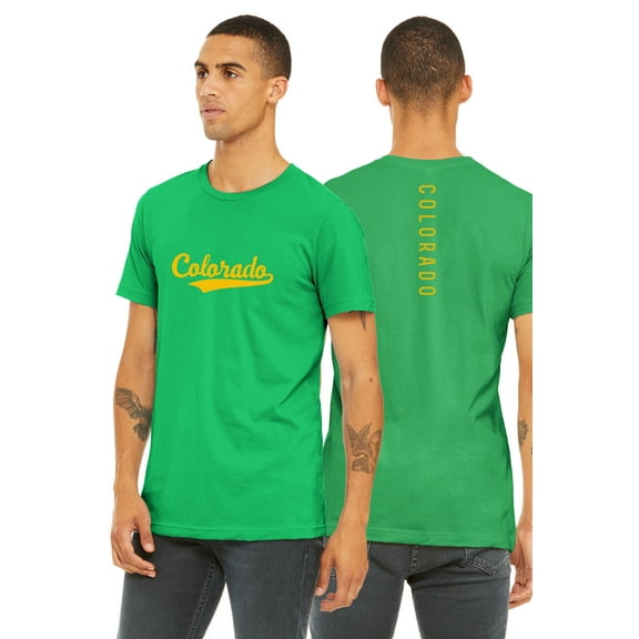 Daxton Adult Unisex Tshirt Colorado Script with Vertical on the Back, Kelly Green Gold, XS