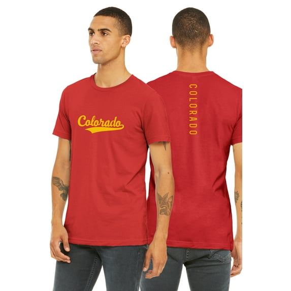 Daxton Adult Unisex Tshirt Colorado Script with Vertical on the Back, Red Gold, L