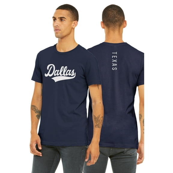 Daxton Adult Unisex Tshirt Dallas Script with Texas Vertical on the Back, Navy White, XL