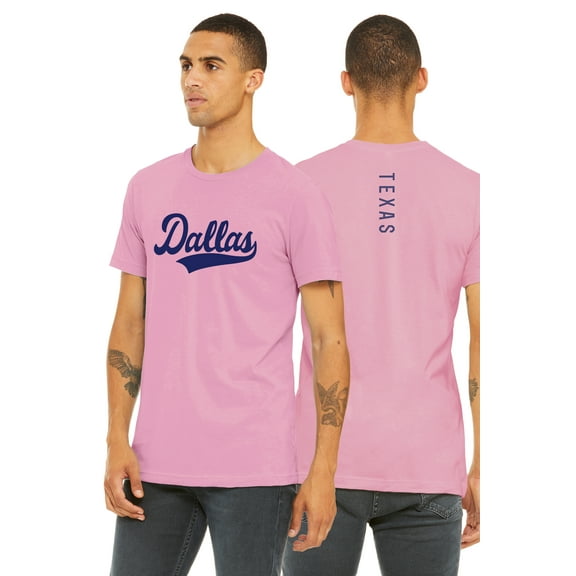 Daxton Adult Unisex Tshirt Dallas Script with Texas Vertical on the Back, Pink Navy, 2XL