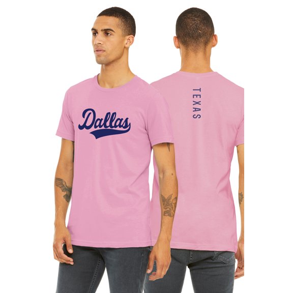 Daxton Adult Unisex Tshirt Dallas Script with Texas Vertical on the Back, Pink Navy, M
