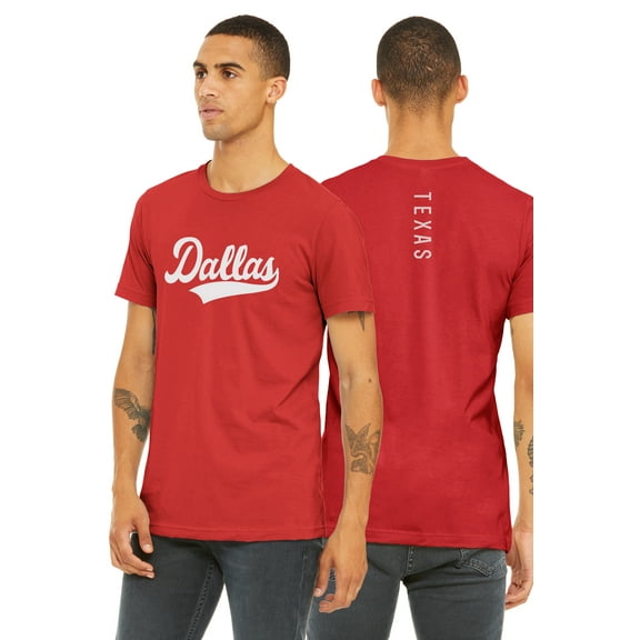 Daxton Adult Unisex Tshirt Dallas Script with Texas Vertical on the Back, Red White, M