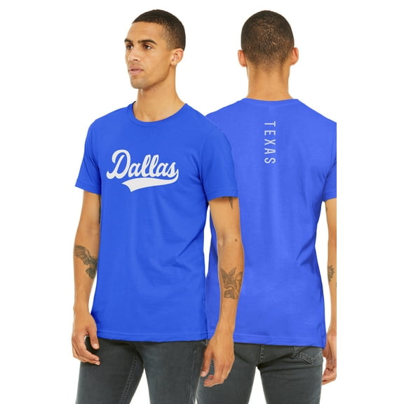 Daxton Adult Unisex Tshirt Dallas Script with Texas Vertical on the Back, Royal White, M