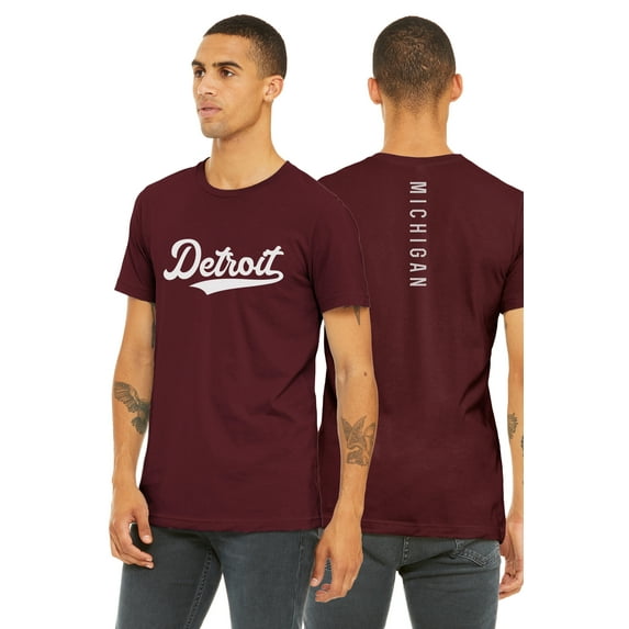 Daxton Adult Unisex Tshirt Detroit Script with Michigan Vertical on the Back, Burgundy White, 3XL